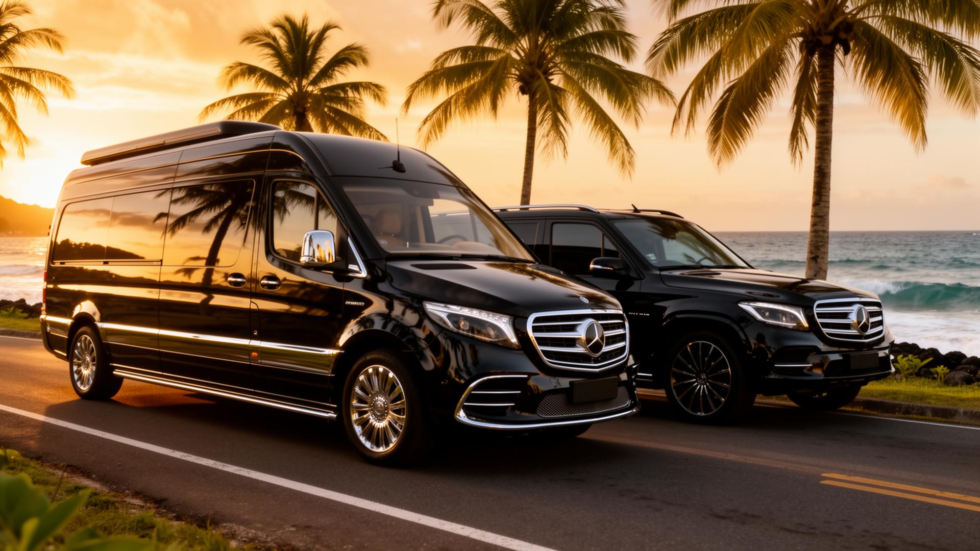Luxury chauffeur vehicles on a Jamaican coastal road at sunset